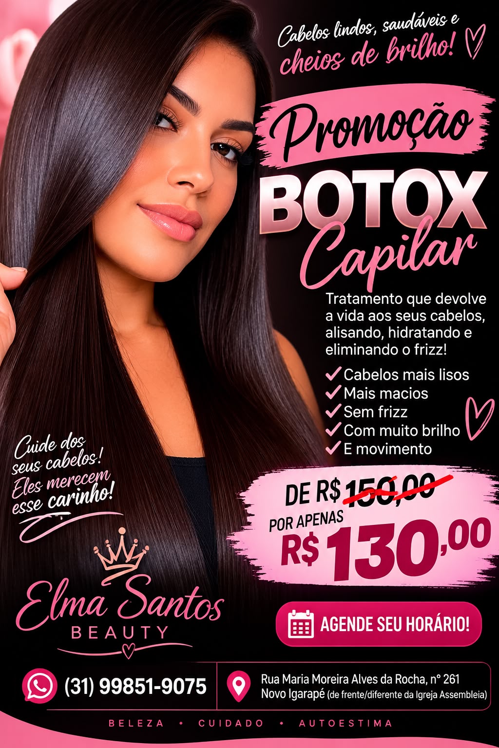 Panfleto de Botox Capilar, de R$ 150,00 por R$ 130,00, Elma Santos Beauty