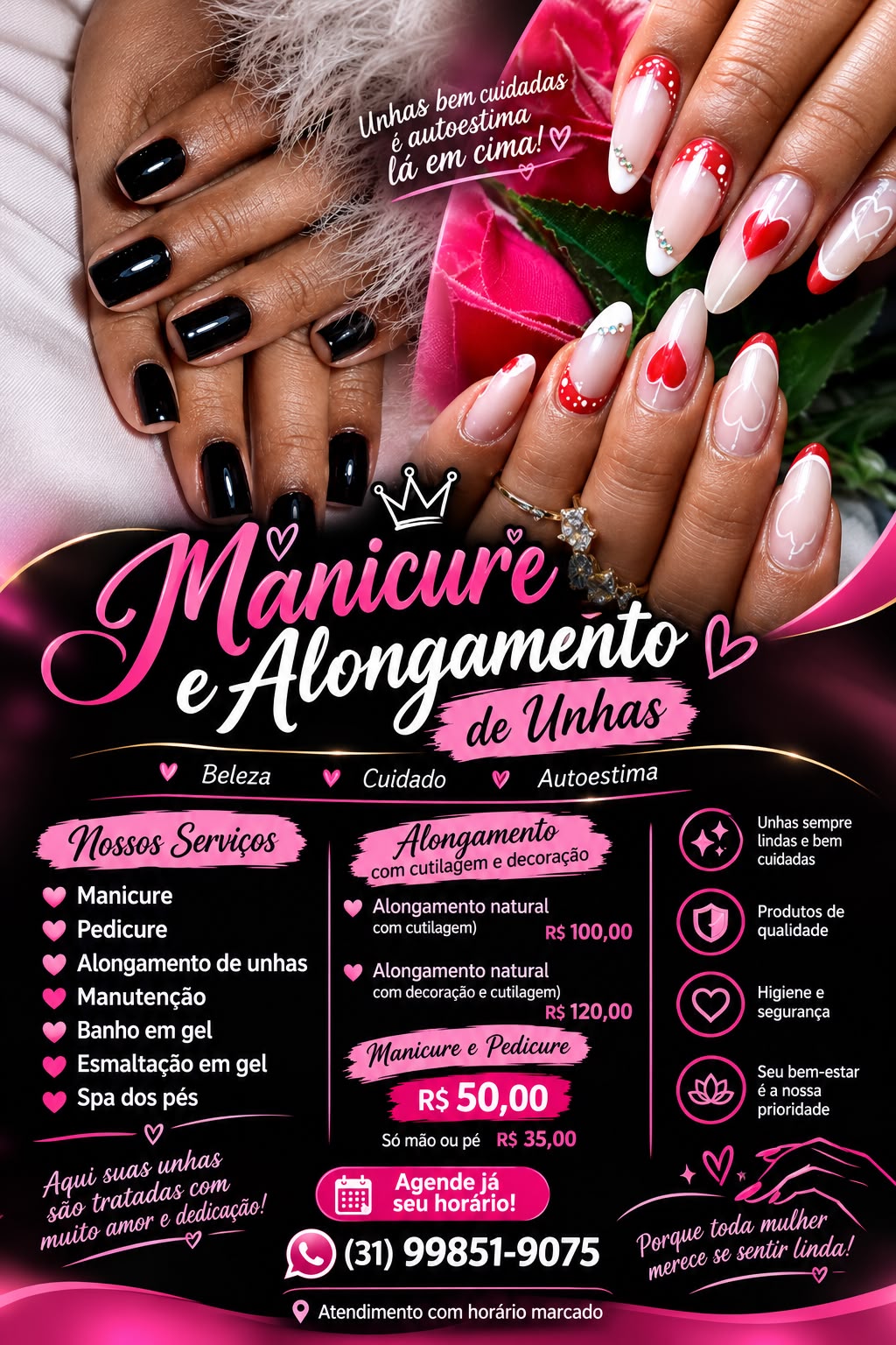 Panfleto de manicure, alongamento e tabela de preços