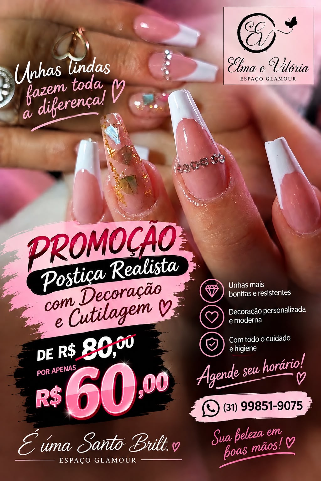 Panfleto de postiça realista com decoração e cutilagem, de R$ 80,00 por R$ 60,00
