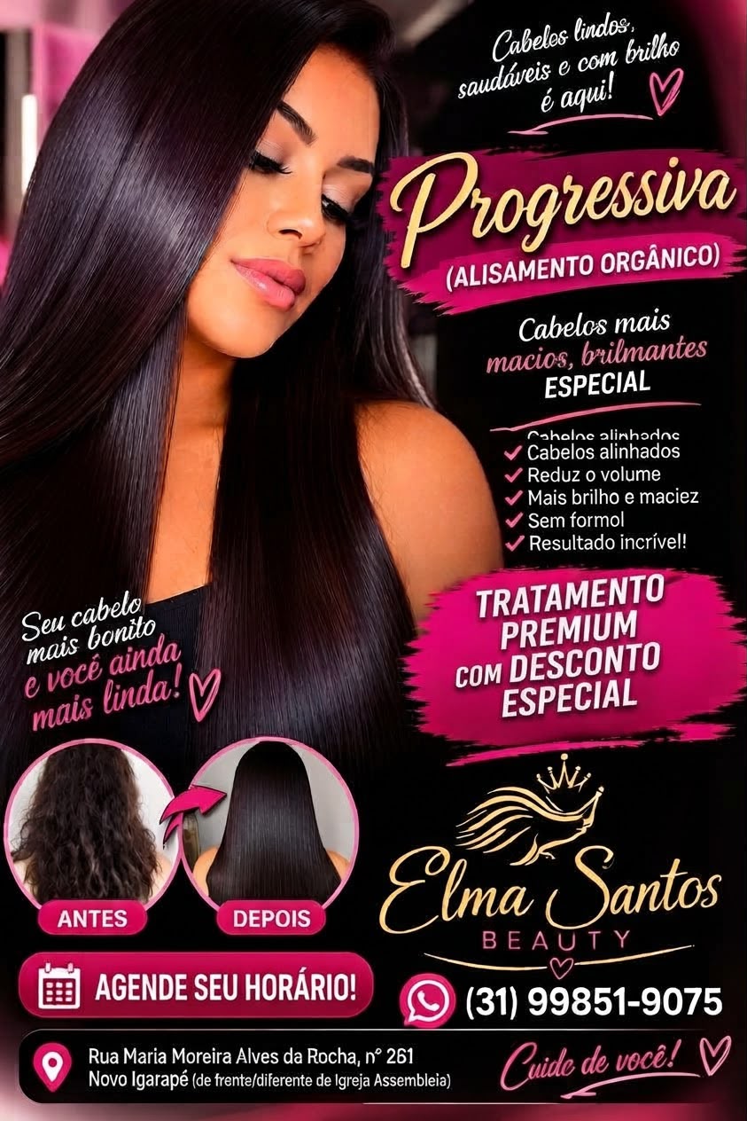 Panfleto de progressiva, alisamento orgânico sem formol, Elma Santos Beauty
